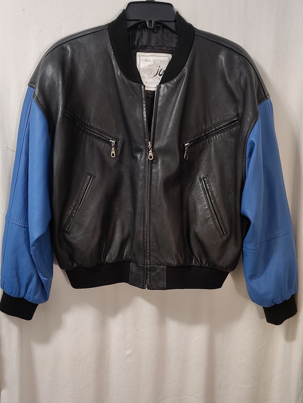 Black Leather Bomber Jacket with Blue Sleeves
